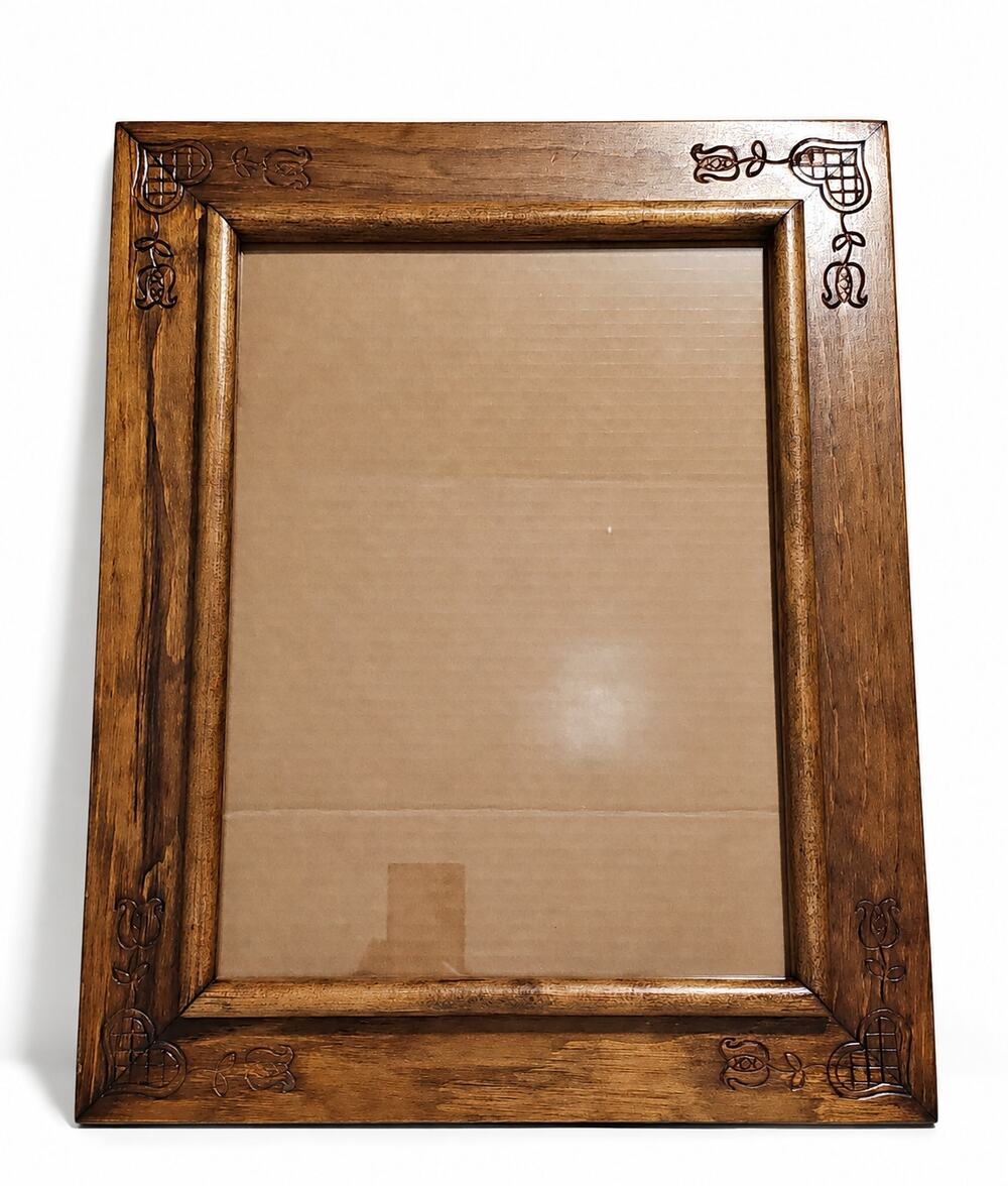 Large Vintage Wood Picture Frame Carved Floral Heart Folk Rustic Cottage Granny